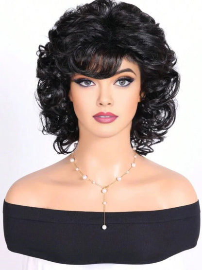 Women's fashionable natural fluffy curly 12 inch synthetic wig with side edges, suitable for daily wear, holidays, and parties