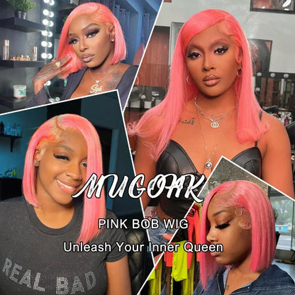 Pink Bob Wig Human Hair 13x4 Bone Straight HD Transparent Lace Frontal Wig 200% Brazilian Colored Lace Front Short Bob Wigs