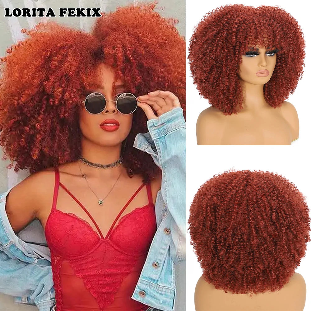 Curly Afro Wigs for Black Women Synthetic Afro Kinky Curly Wig with Bangs Heat Resistan Short Kinky Curly Wigs for Daily Party