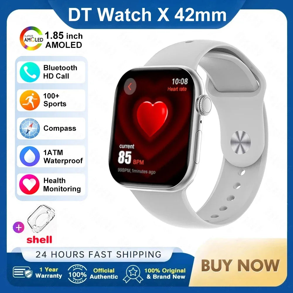 New DT Watch X Mini Smartwatch 3D Menu Video AI Voice NFC 4GB Lang Memory Compass 1.85 Inch AMOLED Super Fast Charge Smartwatch