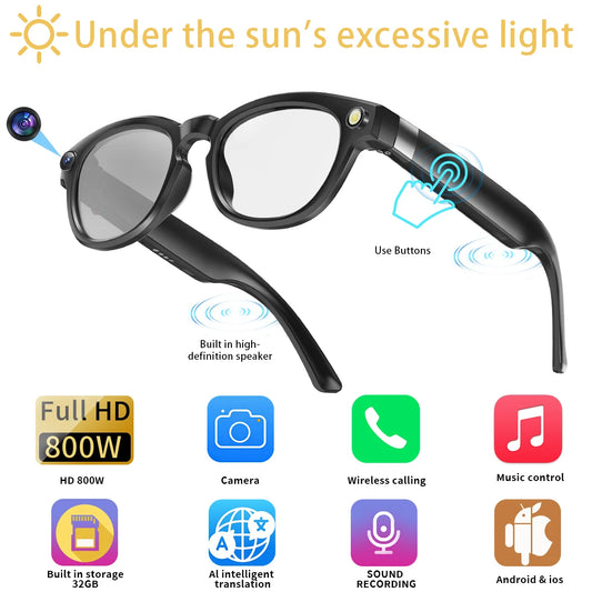 LIGE Smart Glasses 800W 4K HD Camera Sunglasses Video Recorder AI Voice Bluetooth Call Outdoor Photochromic Lenses For Man Women