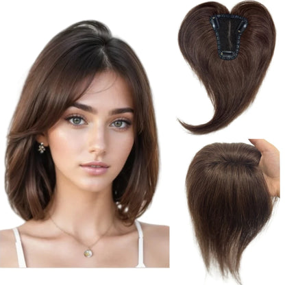 Breathable Swiss Lace Human Hair Topper for Women Dark Brown Bangs Fringe Hairline Topper Clip on Hair Piece for Thinning Hair