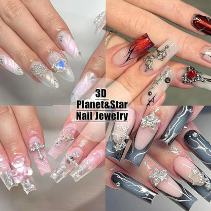 75PCS Cross Nail Charms Silver 3D Star Charms and Gems Saturn Planet Nail Art Jewelry Multi Style Nail Rhinestones for Nails