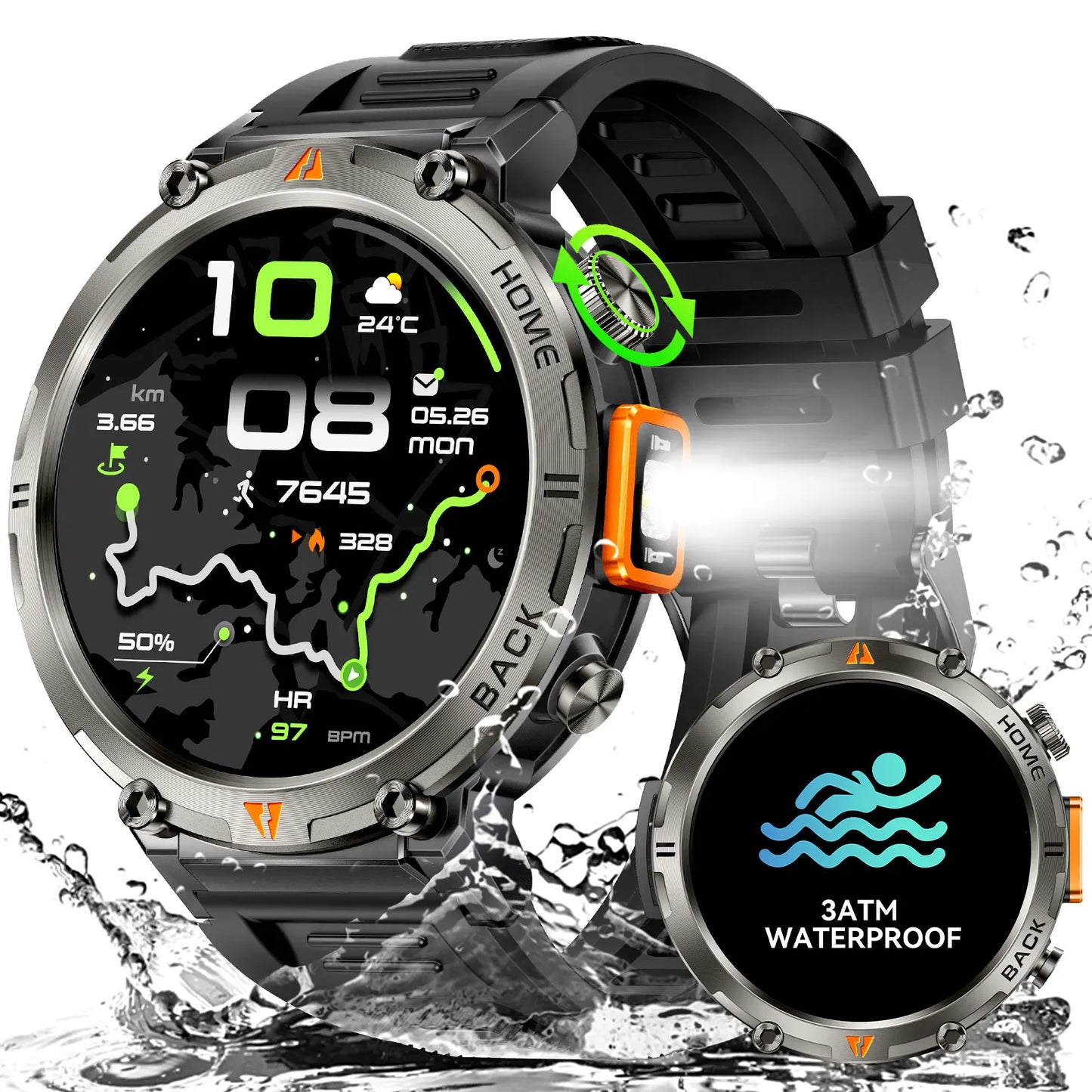 EIGIIS KE3Pro Original Smart Watch for Men with LED Flashlightwith Heart Rate Sleep fitness Monitor with GPS Multiple Sport Mode