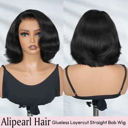 Alipearl Hair Layercut Straight 13x4 Side Part Lace Front Wig Glueless C Part Short Bob Human Hair Ready To Go Wigs 180% Denisty