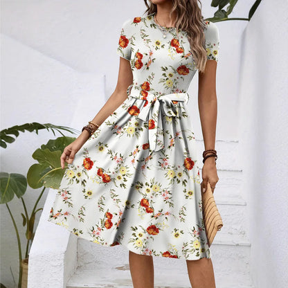 Dresses Women Flower Print Dress Round Collar Short Sleeve Lace Up Tight Waist Vestidos Casual Knee Length A Line 2025 Summer