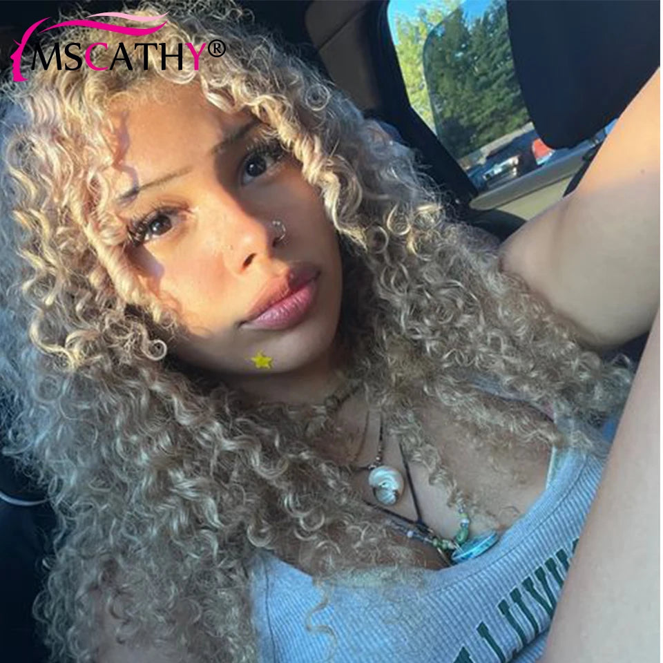 250% Glueless Ash Blonde Colored Kinky Curly Human Hair Wigs For Women 13x4 13x6 Afro Kinky Curly Transparent Lace Frontal Wigs