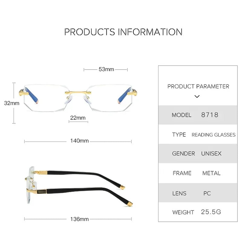 Men Blue Light Blocking Reading Glasses Women Dimond Cutting Rimless Eyeglasses Frame Anti Fatigue Hyperopia Presbyopic Eyewear