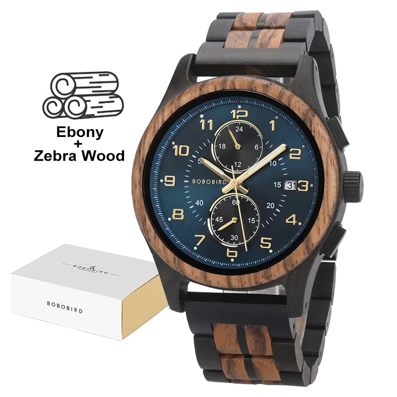 BOBO BIRD Men Watches 44mm Luxury Quartz Watch Lightweight Wooden Case and Straps Watches for Casual Support Customize Gift Box