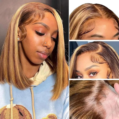 P4/27 Straight Short Bob Wig Human Hair Highlight Blonde Lace Front Wigs 13x4 HD Transparent Lace Frontal Wig For Black Women