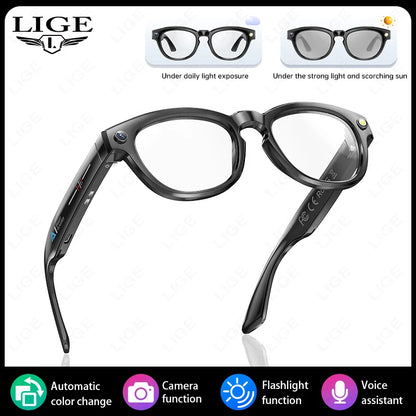 LIGE AI Smart Glasses 200W HD Camera Video Record Bluetooth Call 260mAh Battery Voice Control Sunglasses Color-changing Lenses