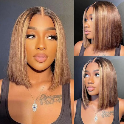P4/27 Straight Short Bob Wig Human Hair Highlight Blonde Lace Front Wigs 13x4 HD Transparent Lace Frontal Wig For Black Women