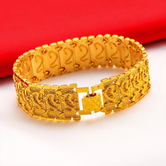 Men's 24K Gold (AU999) Double-Sided Dragon Bracelet | Double-sided carving, hammered brocade with titanium