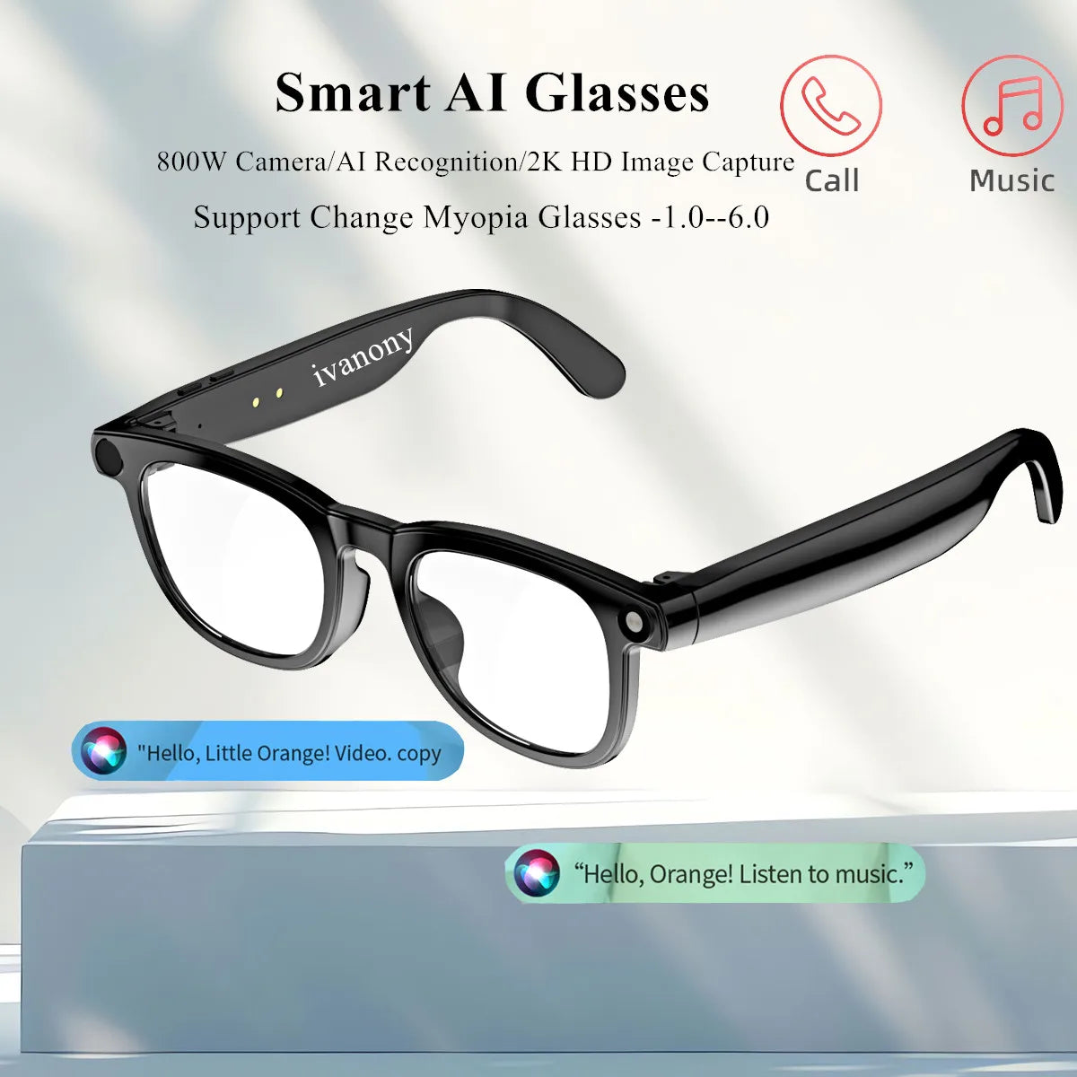 smart glasses prescriptions custom lenses 800W pixel camera Ai Photo Recognition bluetooth call noise cancel smart eyeglasses