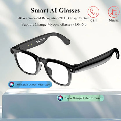 smart glasses prescriptions custom lenses 800W pixel camera Ai Photo Recognition bluetooth call noise cancel smart eyeglasses