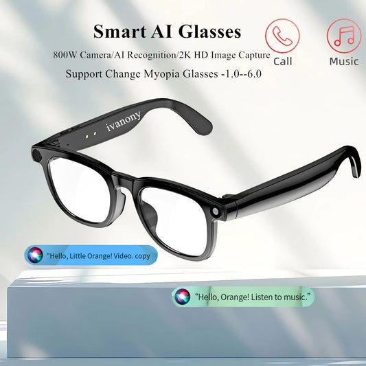 smart glasses prescriptions custom lenses 800W pixel camera Ai Photo Recognition bluetooth call noise cancel smart eyeglasses