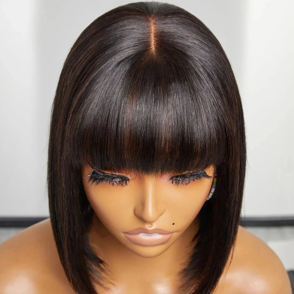 Straight Hair Short Bob Lace Wigs 100% Human Hair Wigs With Bangs #4/27 Natural Brown Middle Part Bob Lace Wigs Realistic Scalp