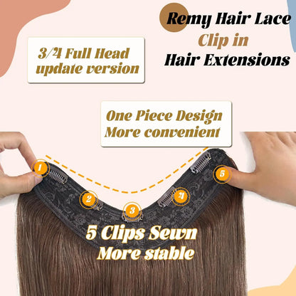 One-Piece Clip In Human Hair Extensions 1 Piece 5 Clips 3/4 Full Head #4 Medium Brown Straight Clip In Human Hair Extensions