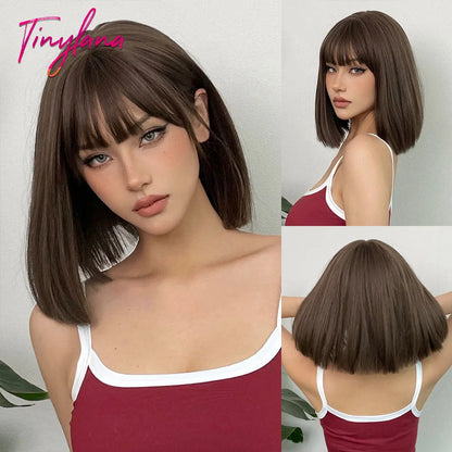 Light Brown Blonde Synthetic Wigs with Bangs for Women Short Bob Daily Straight Wigs Fake Hair Cosplay Halloween Heat Resistant