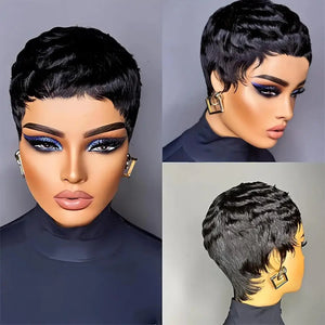 Short Pixie Cut Wig Human Hair For Women Machine Made Wigs With Bangs Colored Wig 180 Density