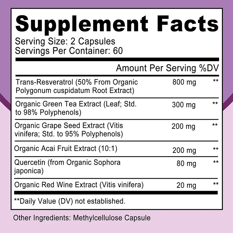 Resveratrol Capsules - Anti-aging, Antioxidant, Skin Support, Cardiovascular Health