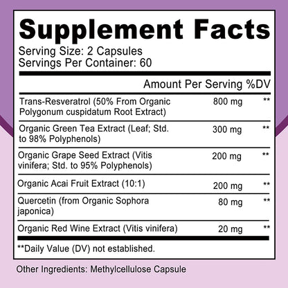 Resveratrol Capsules - Anti-aging, Antioxidant, Skin Support, Cardiovascular Health