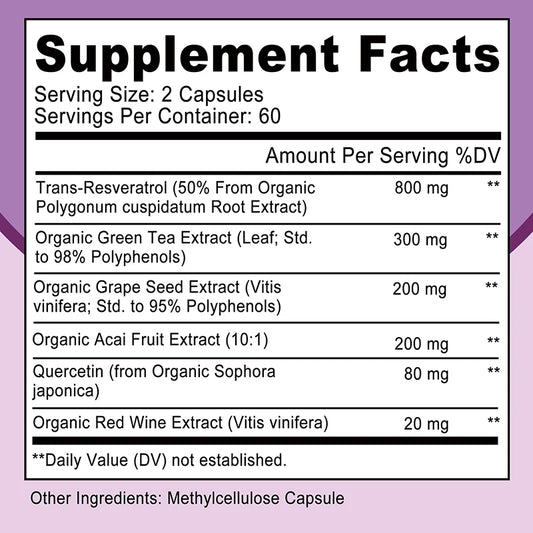 Resveratrol Capsules - Anti-aging, Antioxidant, Skin Support, Cardiovascular Health