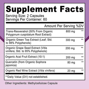 Resveratrol Capsules - Anti-aging, Antioxidant, Skin Support, Cardiovascular Health