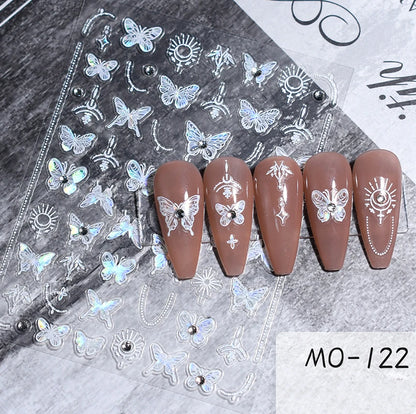 5d Embossed Nail Art Stickers Golden Lines Semi-Transparent Purple Blue Flowers Decals Decorations For Nail Tips Manicures
