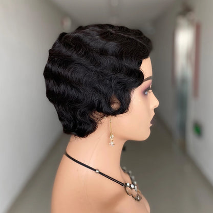 Short Finger Wave Wig Brazilian Human Hair Wig For Women Brown Short Ocean Wave Wig Peruca Burgundy Pixie Cut Machine Wigs