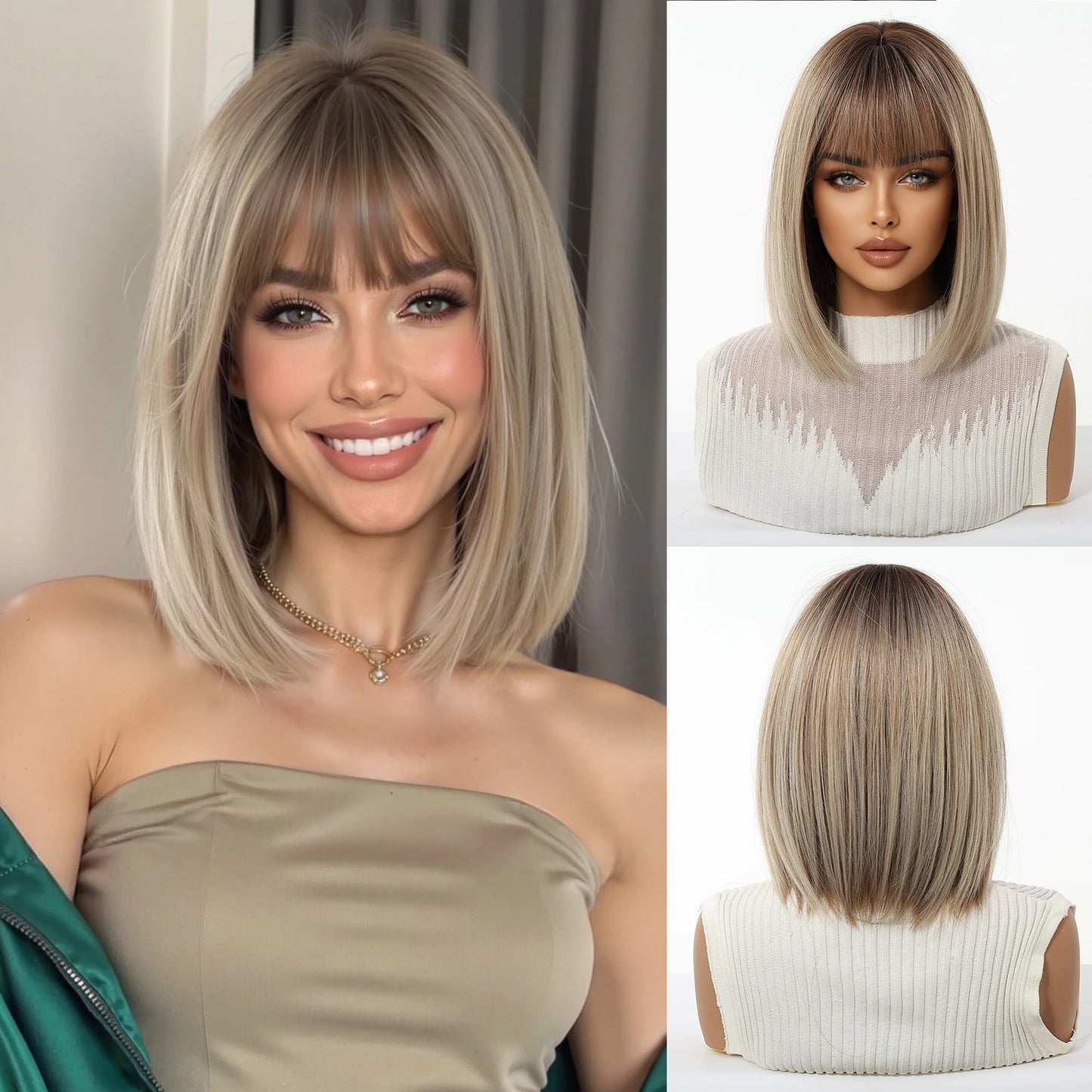 Light Brown Blonde Synthetic Wigs with Bangs for Women Short Bob Daily Straight Wigs Fake Hair Cosplay Halloween Heat Resistant