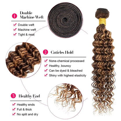 P4/27 Deep Wave Highlighted Human Hair Bundles Honey Brown Curly Hair Weaves 3 Bundle Deals Virgin Hair Extension for Ponytails