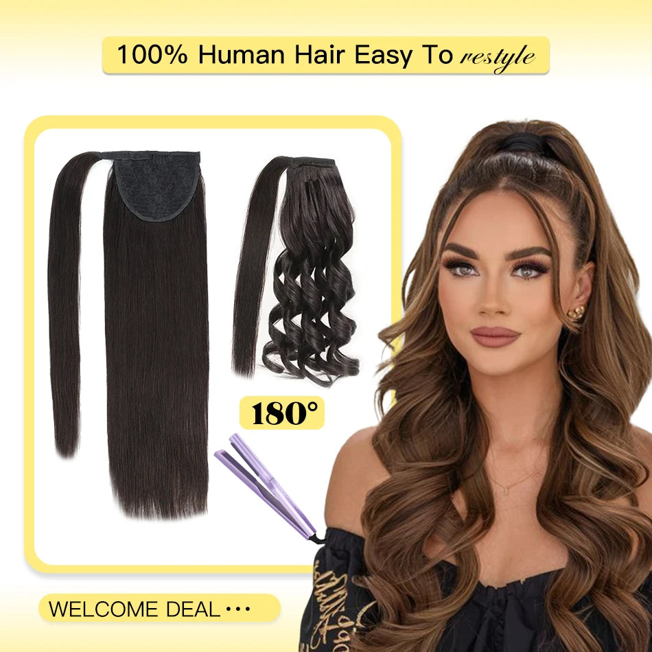 Yelo Ponytail Human Hair Wrap Around Brazilian Straight Ponytail 100% Remy Human Hair MagicTie Ponytail Extension Clip Horsetail
