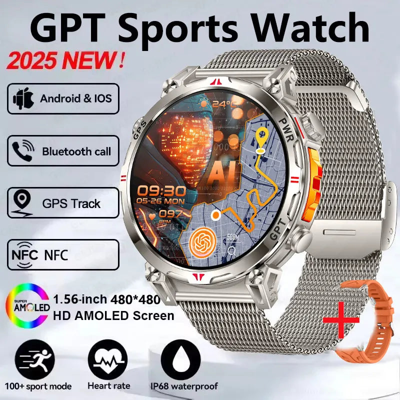 2025 GPS Sports Smart Watch GPT AMOLED 1.56 inch 488 * 488 Heart Rate Blood Oxygen Blood Pressure Monitoring 3ATM Smartwatches