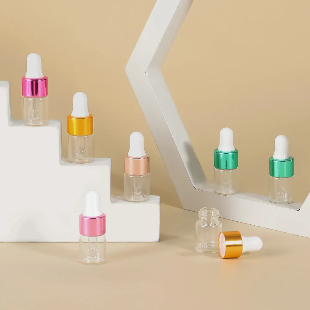 10pcs 2ml Empty Glass Dropper Bottle,Leakproof Essential Oils Sample Liquid Perfume Container for Storage Travel, 4 Colors