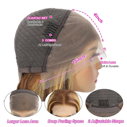P4/27 Straight Short Bob Wig Human Hair Highlight Blonde Lace Front Wigs 13x4 HD Transparent Lace Frontal Wig For Black Women