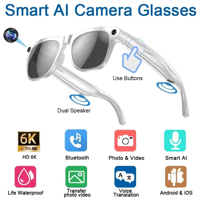 6K HD AI Smart Glasses Camera Mini Camera Bluetooth Call Voice Assistant Control Smart Sports Wearable Camera Glasses 2025 ﻿