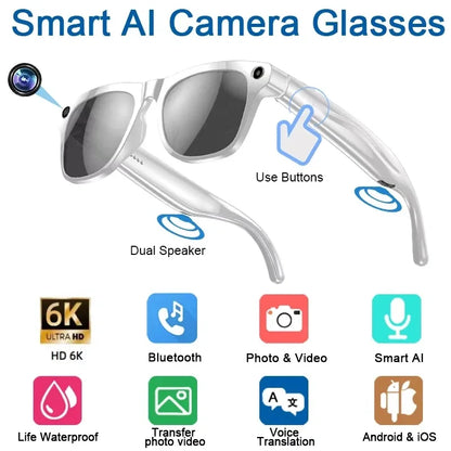 6K HD AI Smart Glasses Camera Mini Camera Bluetooth Call Voice Assistant Control Smart Sports Wearable Camera Glasses 2025 ﻿