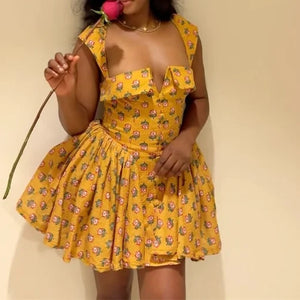 French Midi Dresses U-Neck Flower Print High Waisted A-Line Irregular Short Dresses Women's Summer Elegant Sexy Slim Fit Dress