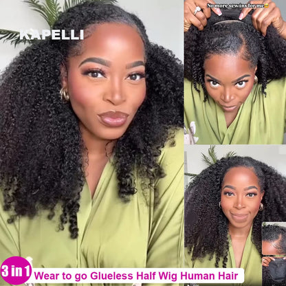 Half Wig Human Hair Kinky Curly Glueless Wig Human Hair Ready to Wear 3 IN 1 Half Wig With Drawstring 250 Density Curly Half Wig