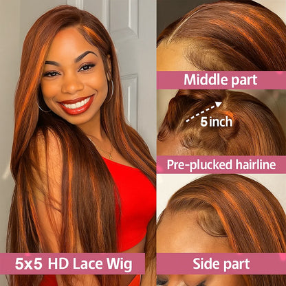 Highlight Lace Front Human Hair Wig Ginger Orange Gradient Straight Hair Glueless 5x5 Bleached Lace Wig Colored Human Hair wigs