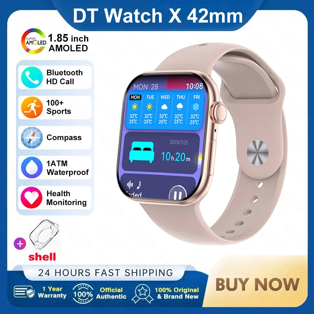 New DT Watch X Mini Smartwatch 3D Menu Video AI Voice NFC 4GB Lang Memory Compass 1.85 Inch AMOLED Super Fast Charge Smartwatch
