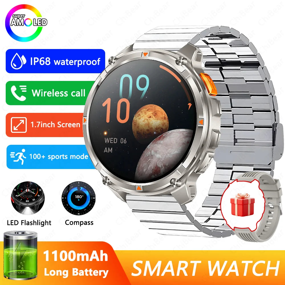 1100mAh Battery Smart Watch 1.7 Inch 360*360 AMOLED HD Screen Men Watch Compass 1ATM Waterproof Bluetooth Call Sports Smartwatch
