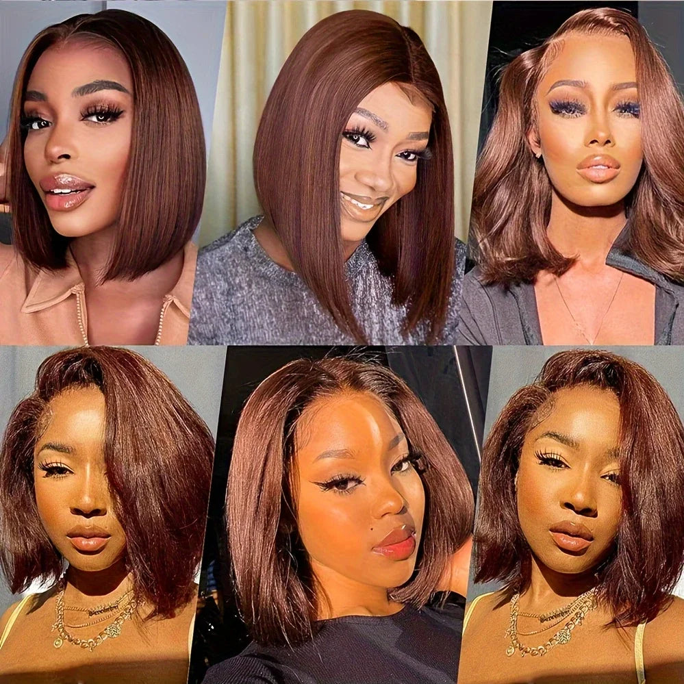 16Inch Chocolate Brown Straight Bob Wig 13X4 Lace Frontal Wig Natural Hairline Lace Front  Short Wig Human Hair 100% Pre Plucked