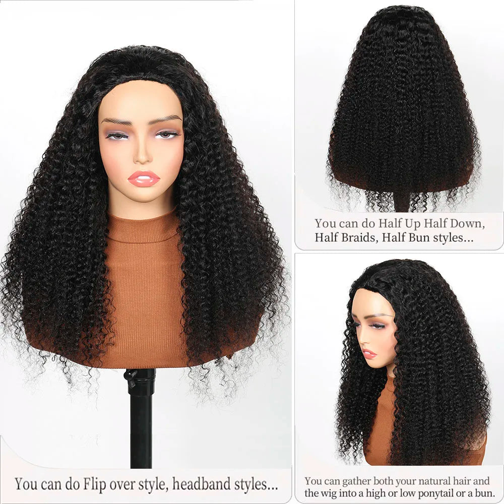 Half Wig Glueless Human Hair Wigs With Drawstring Seamless Clips 250 Density Kinky Curly Half Wigs Full Machine Made Wig
