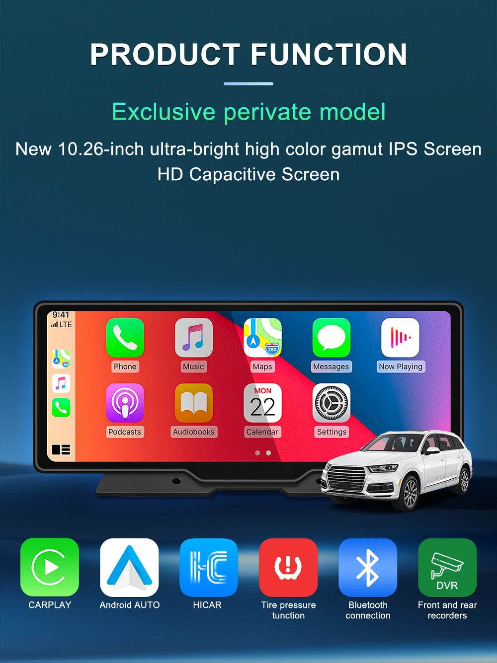 10.26 Inch Car Mirror Radio Multimedia Video Player Universal Wireless Carplay 5G Wifi BT High-performance CPU HDR QLED Screen