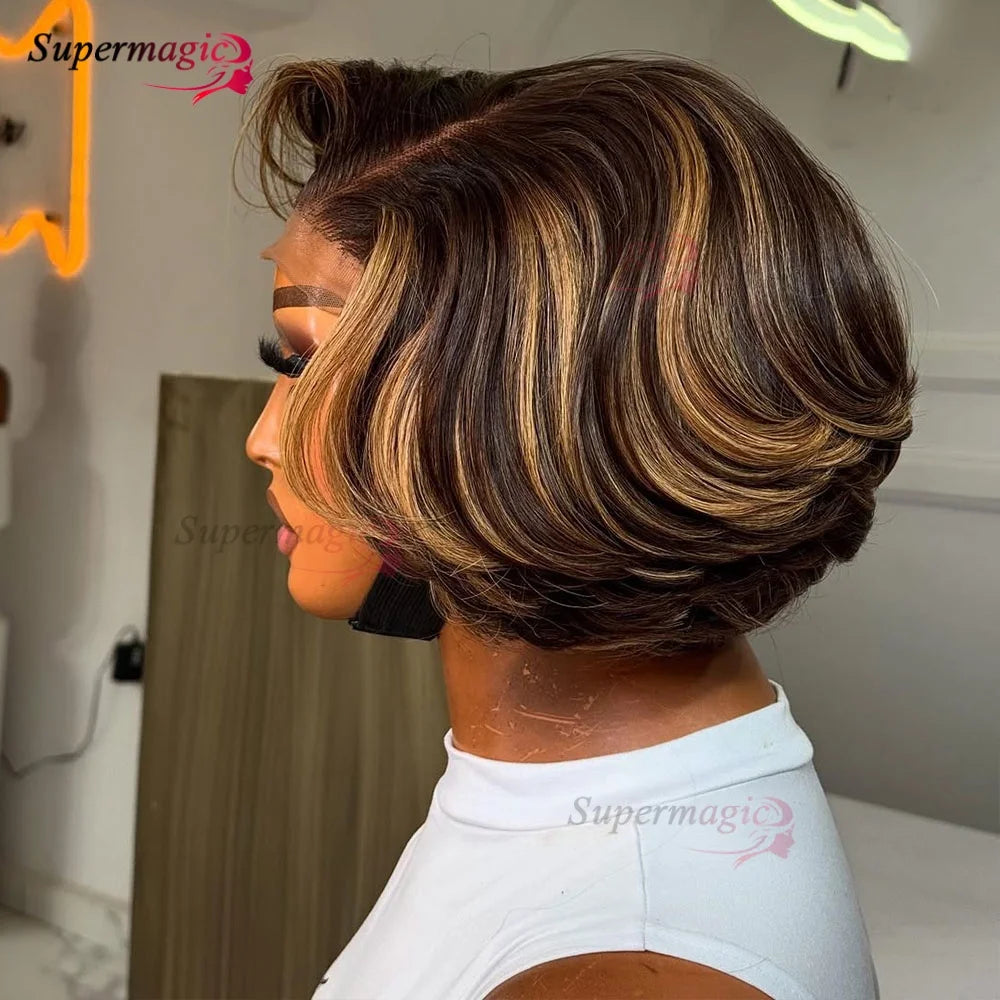 13x4 Frontal Wig New Trendy Layered Cut Straight Human Hair Wigs Short Wig Highlight Piano Color 4X4 Lace Closure Wig for Women