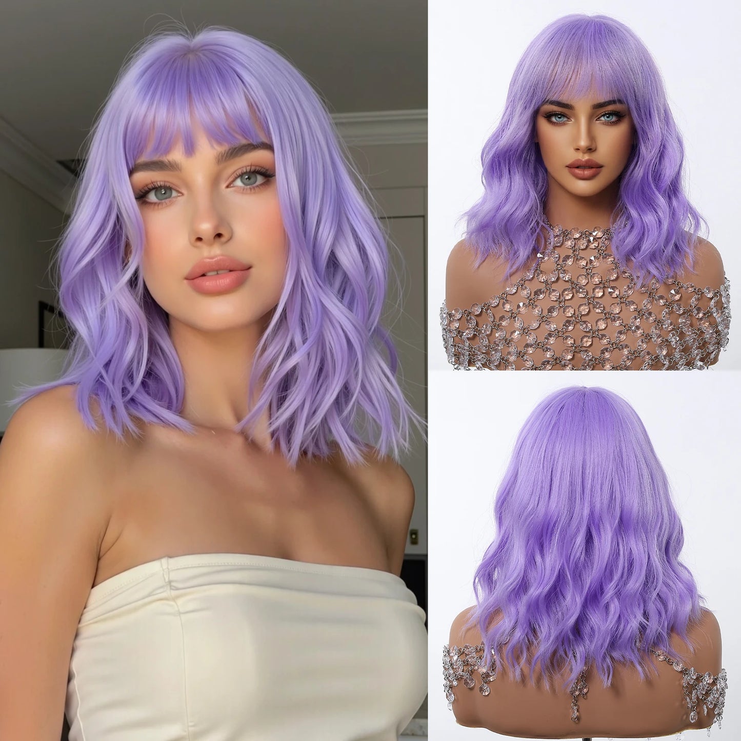 12 Inch Brown Bob Natural Wig Synthetic Cute Hair Short Wavy Curly Wig With Bangs For Women Daily Party Use Heat Resistant Fiber