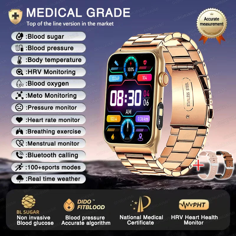 2025 New AI Medical Diagnosis Blood sugar Blood pressure Blood oxygen Smart Watch For Men Bluetooth Call LED Health Smart watch