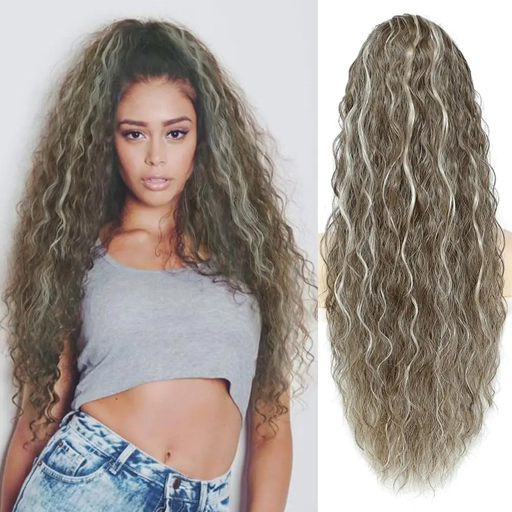 Curly Drawstring Ponytail Clip In Hair Extensions Brazilian Human Hair Ponytail Wig Water Wave   Hairpiece False Deep Wave 1 Pc